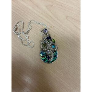 Stunning Unique Sterling Silver Abalone and multi gemstone Necklace